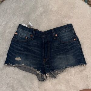 NWOT High Waisted Distressed Levi's Dark Blue Jean Cutoffs